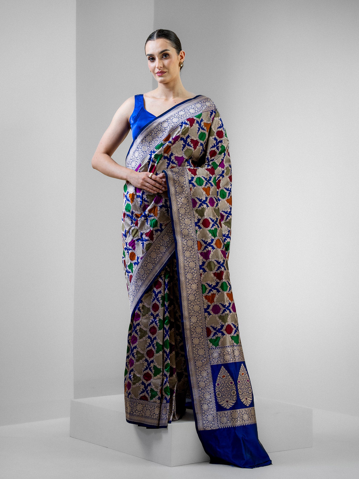 Navy Blue Rangkat Katan Silk Handloom Banarasi Saree - Sacred Weaves