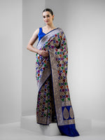 Navy Blue Rangkat Katan Silk Handloom Banarasi Saree - Sacred Weaves