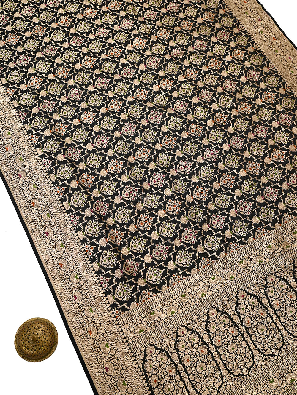 Black Meenakari Uppada Jaal Katan Silk Handloom Banarasi Saree - Sacred Weaves