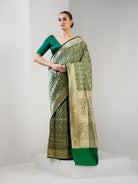 Bottle Green Shikargah Katan Silk Handloom Banarasi Saree - Sacred Weaves