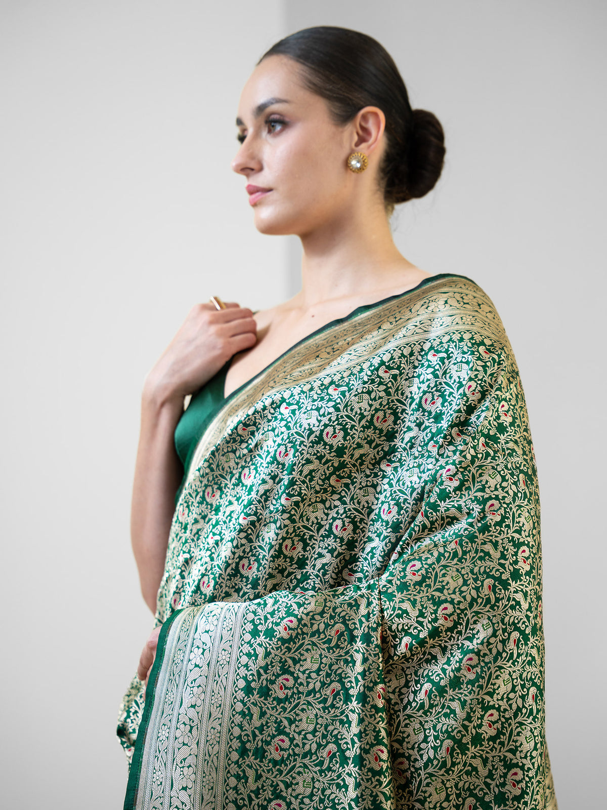 Bottle Green Shikargah Katan Silk Handloom Banarasi Saree - Sacred Weaves