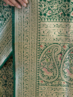 Bottle Green Shikargah Katan Silk Handloom Banarasi Saree - Sacred Weaves