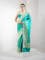 Aqua Green Jaal Katan Silk Handloom Banarasi Saree - Sacred Weaves