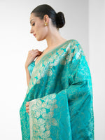 Aqua Green Jaal Katan Silk Handloom Banarasi Saree - Sacred Weaves
