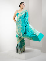 Aqua Green Jaal Katan Silk Handloom Banarasi Saree - Sacred Weaves