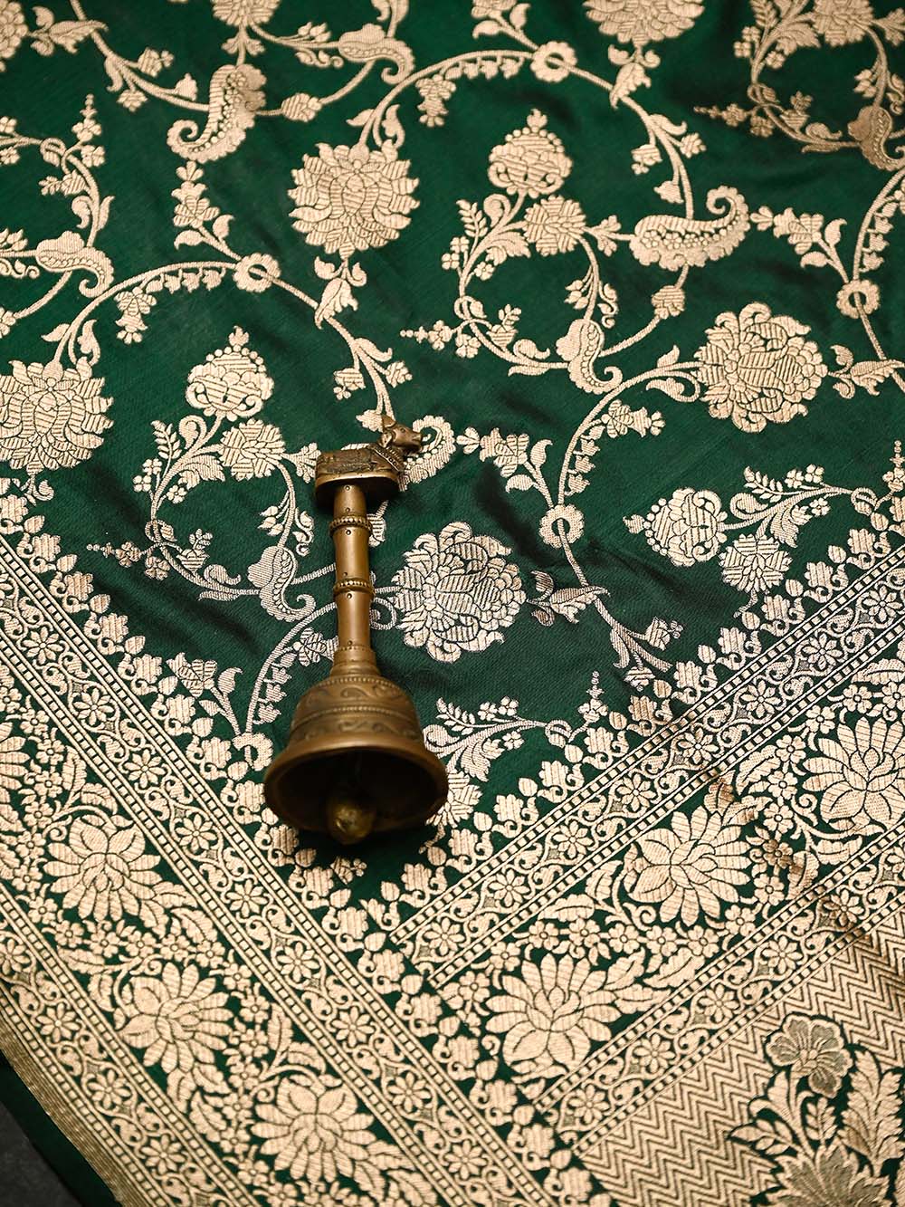 Bottle Green Jaal Katan Silk Uppada Handloom Banarasi Saree - Sacred Weaves