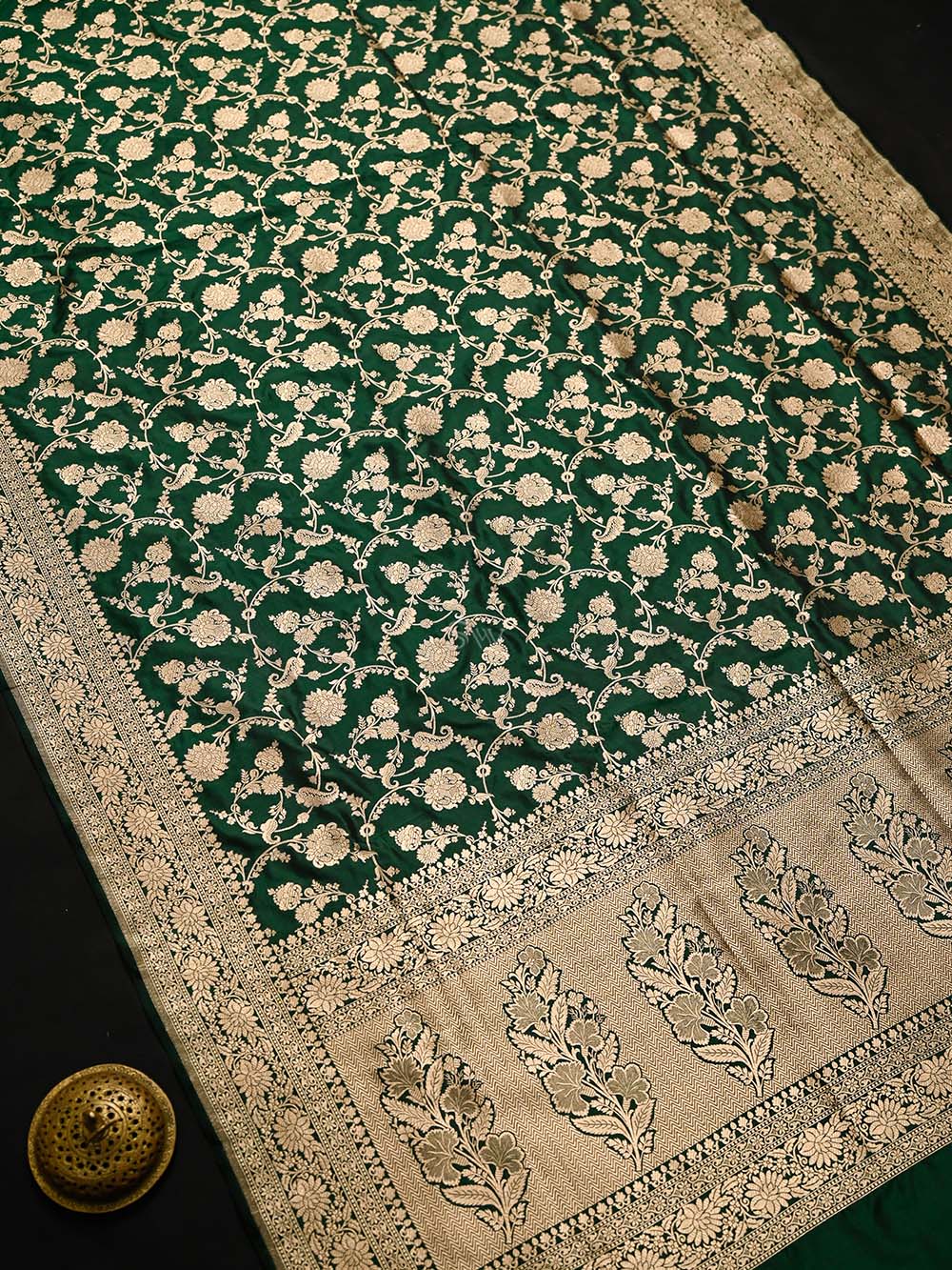 Bottle Green Jaal Katan Silk Uppada Handloom Banarasi Saree - Sacred Weaves