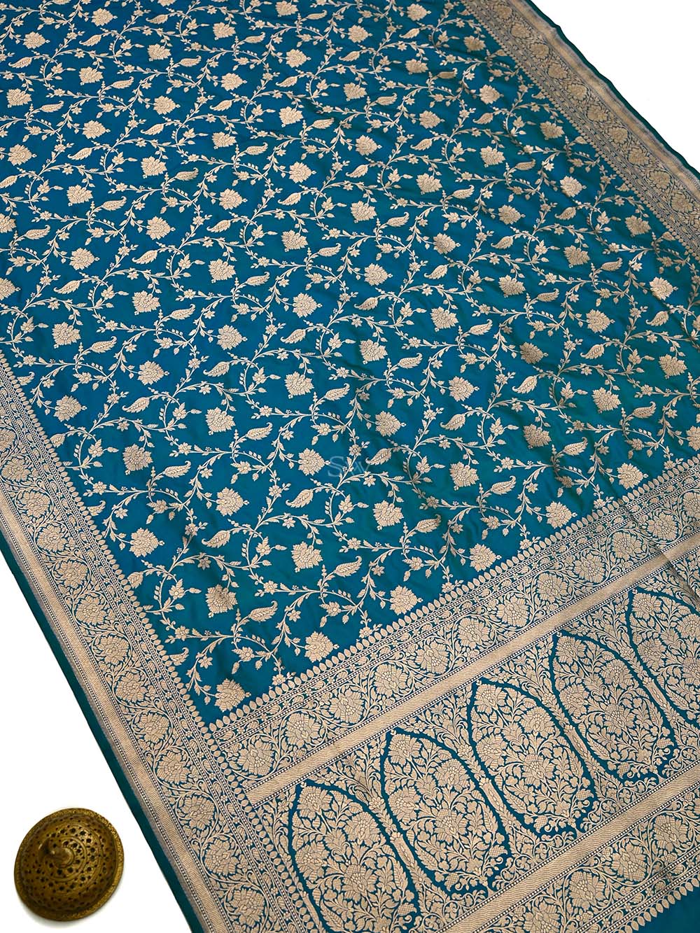 Green Blue Jaal Katan Silk Uppada Handloom Banarasi Saree - Sacred Weaves