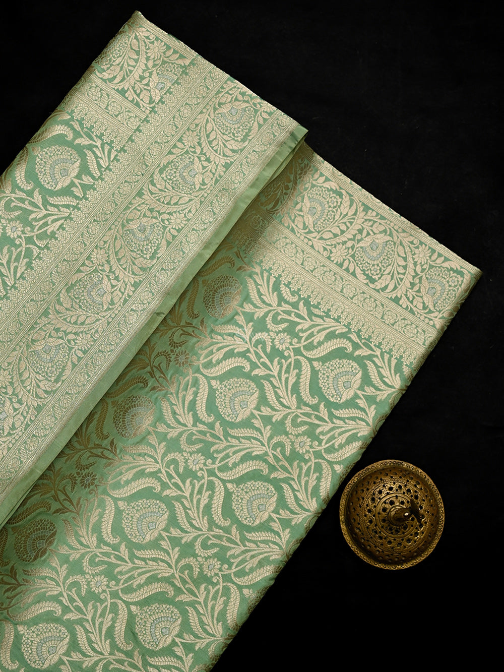 Pista Green Jaal Uppada Katan Silk Handloom Banarasi Saree - Sacred Weaves