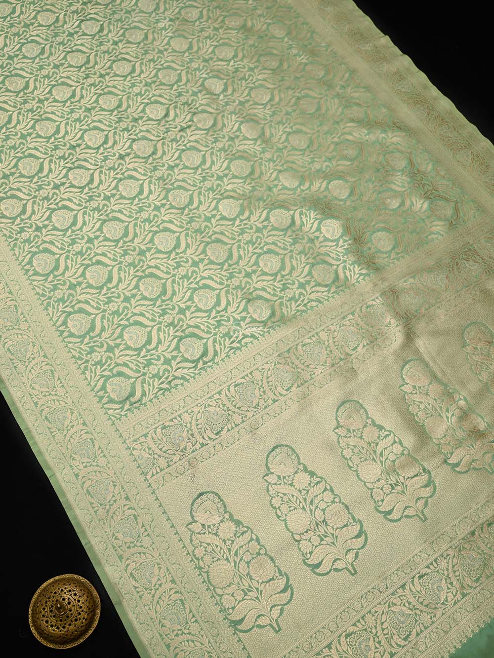 Pista Green Jaal Uppada Katan Silk Handloom Banarasi Saree - Sacred Weaves