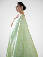 Pista Green Jaal Uppada Katan Silk Handloom Banarasi Saree - Sacred Weaves