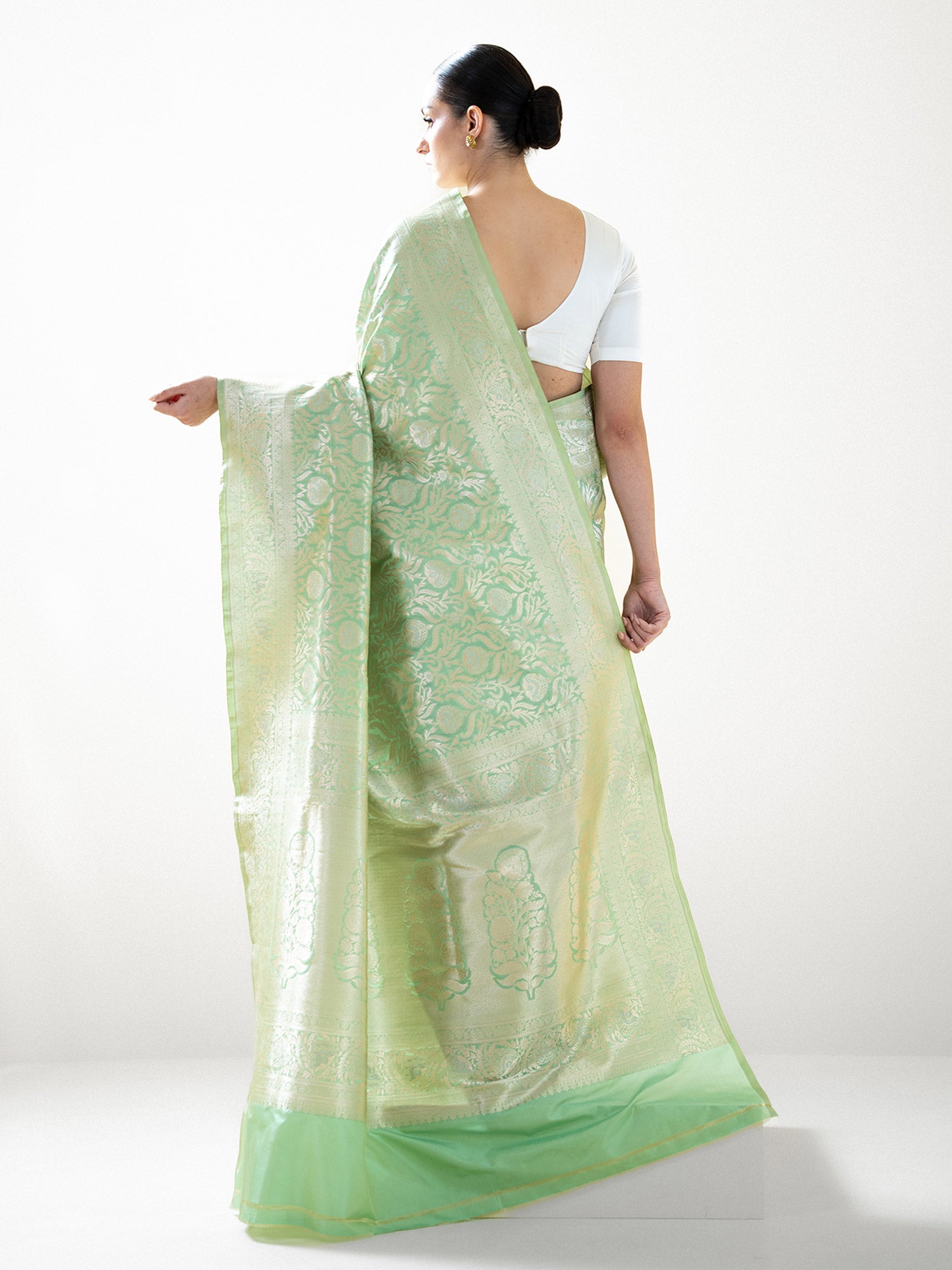 Pista Green Jaal Uppada Katan Silk Handloom Banarasi Saree - Sacred Weaves