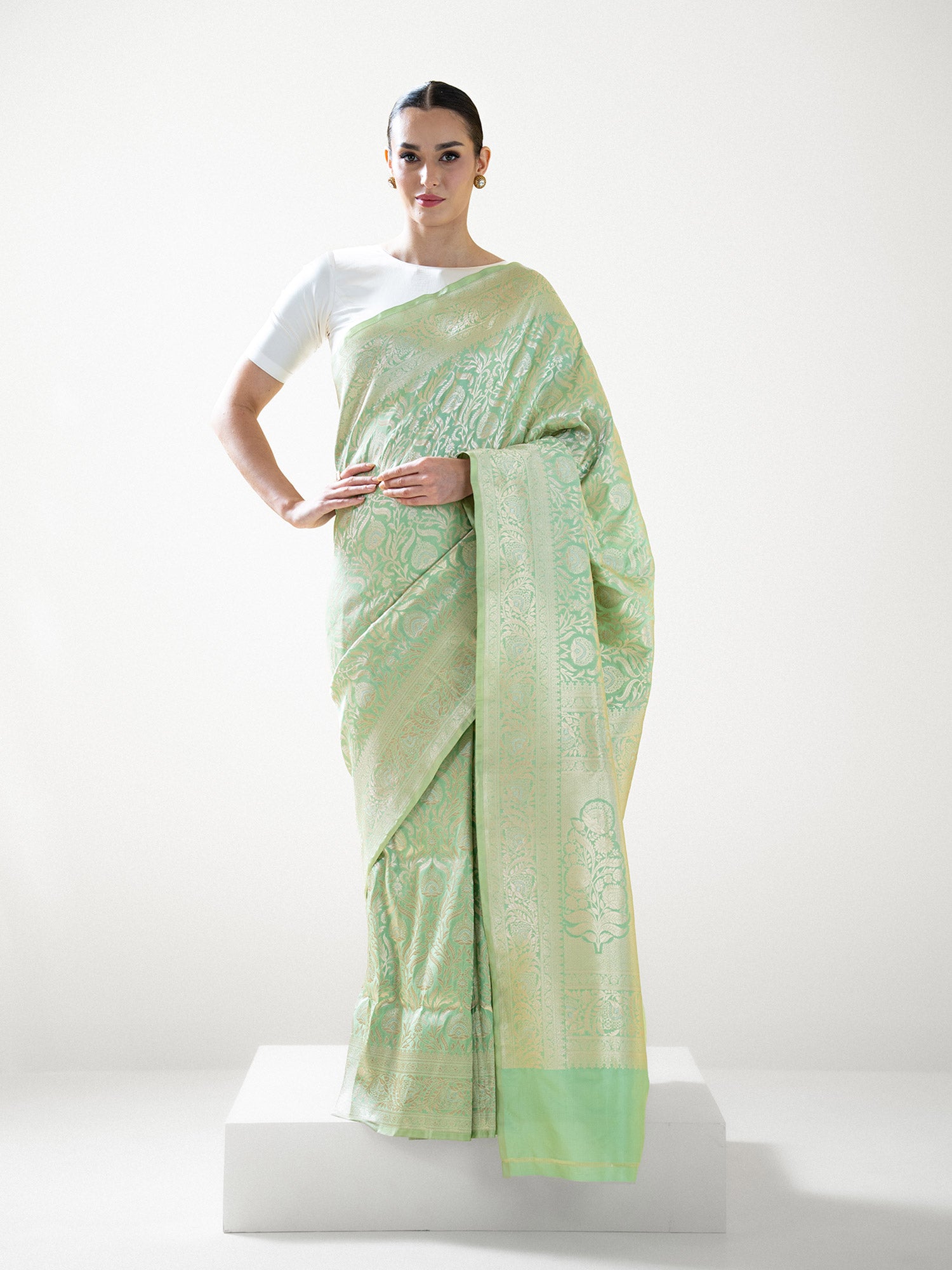 Pista Green Jaal Uppada Katan Silk Handloom Banarasi Saree - Sacred Weaves