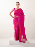 Dark Pink Plain Satin Silk Handloom Banarasi Saree - Sacred Weaves