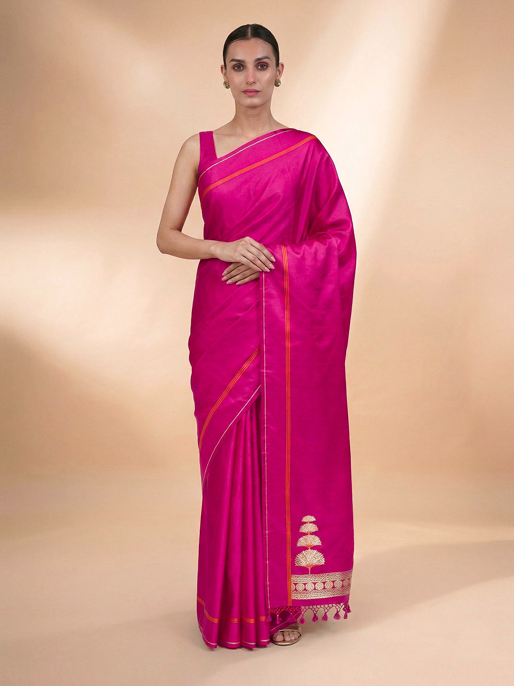 Dark Pink Plain Satin Silk Handloom Banarasi Saree - Sacred Weaves