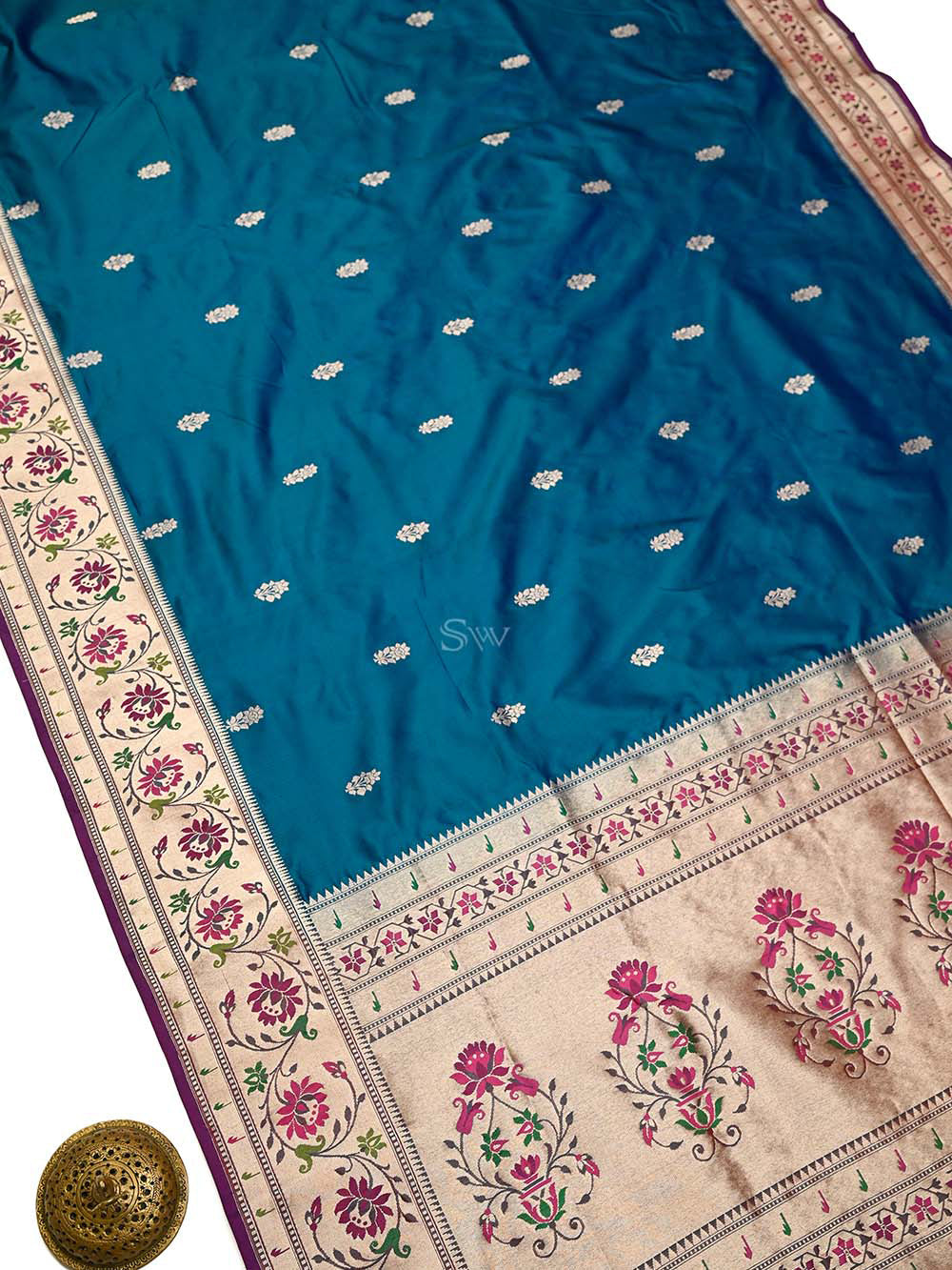 Peacock Blue Paithani Katan Silk Handloom Banarasi Saree - Sacred Weaves