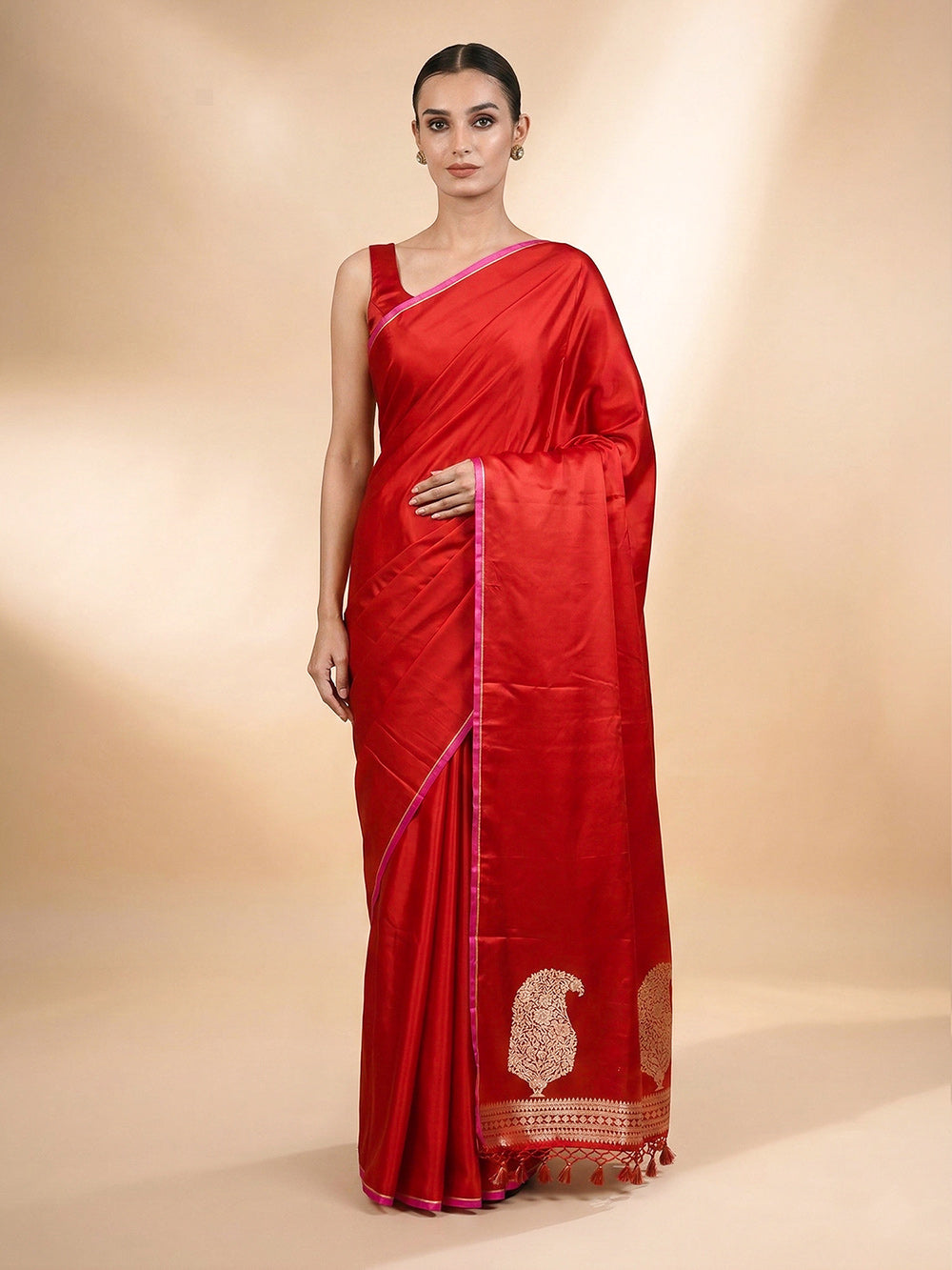 Red Plain Satin Silk Handloom Banarasi Saree - Sacred Weaves