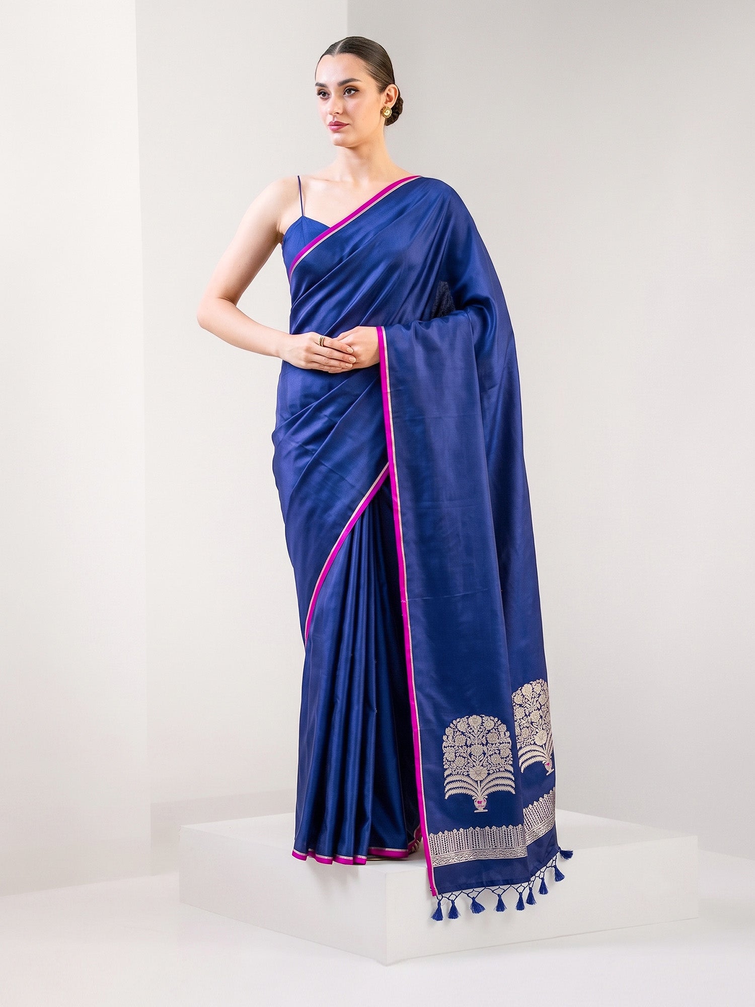 Blue Plain Satin Silk Handloom Banarasi Saree - Sacred Weaves