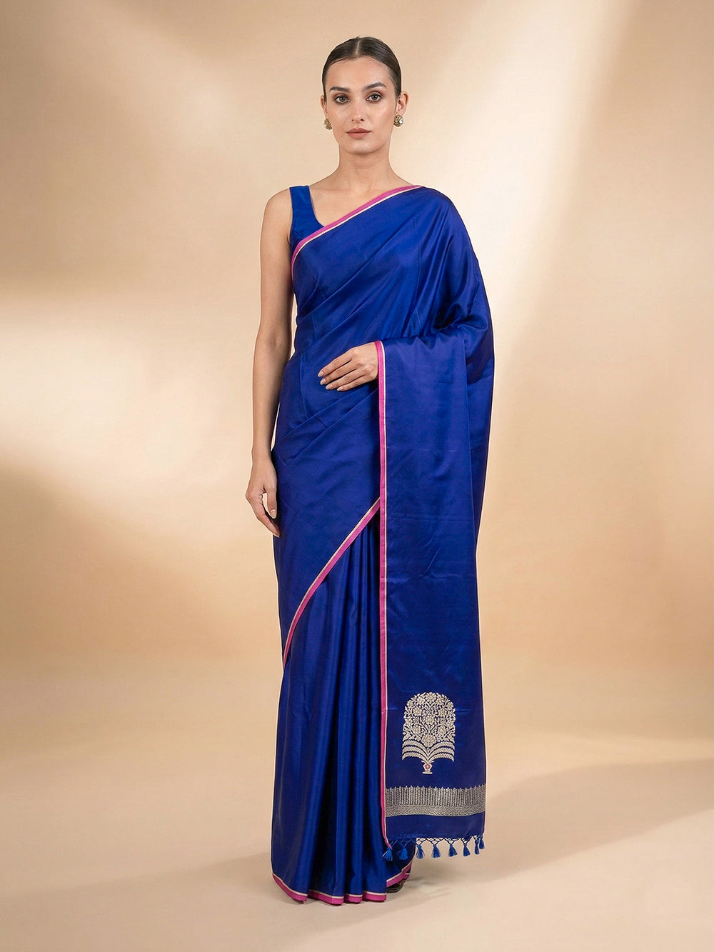 Blue Plain Satin Silk Handloom Banarasi Saree - Sacred Weaves