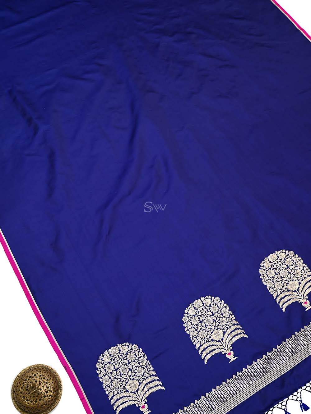 Blue Plain Satin Silk Handloom Banarasi Saree - Sacred Weaves