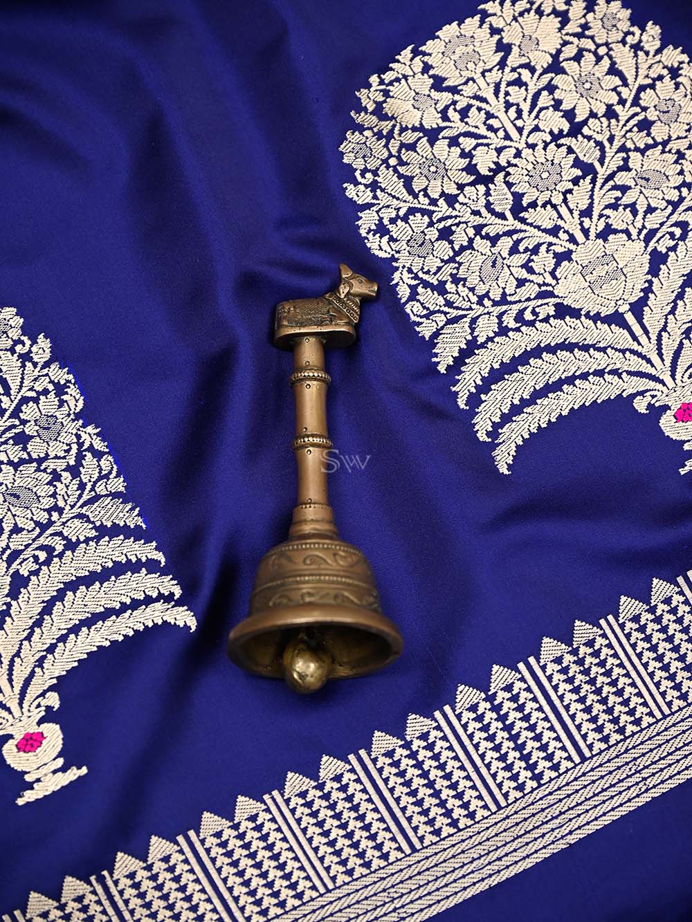 Blue Plain Satin Silk Handloom Banarasi Saree - Sacred Weaves