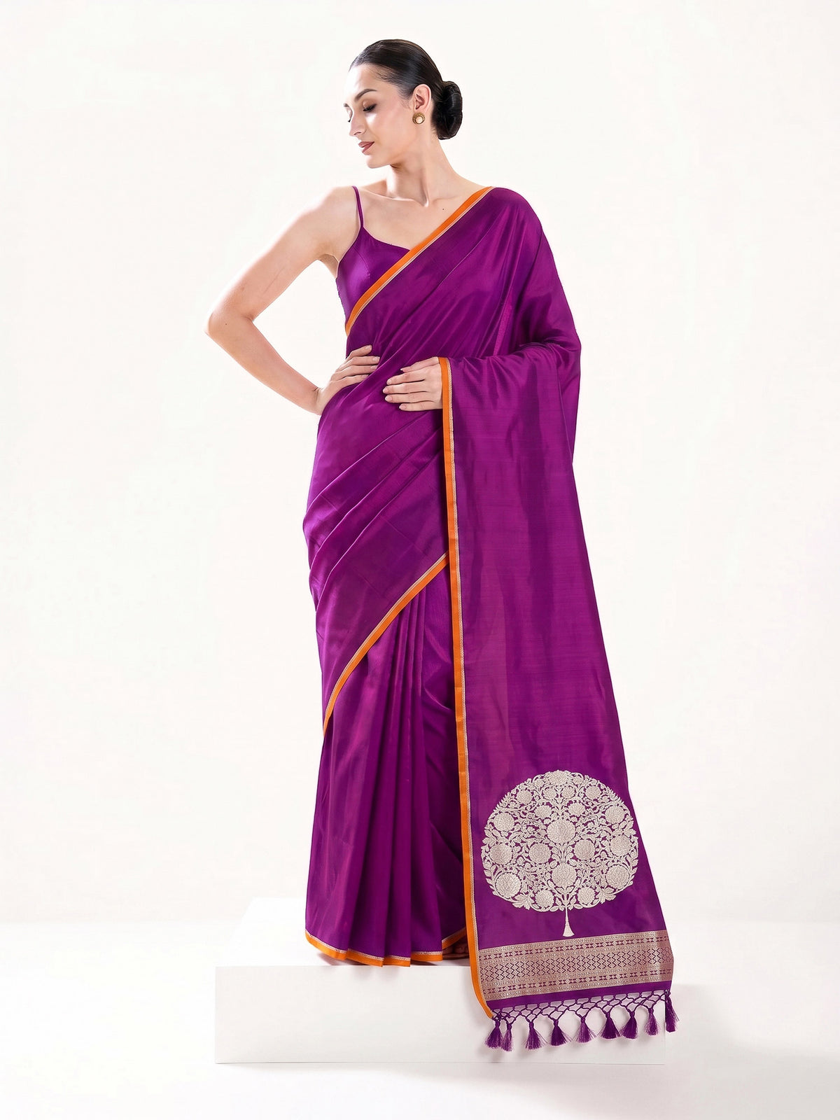 Dark Magenta Plain Satin Silk Handloom Banarasi Saree - Sacred Weaves