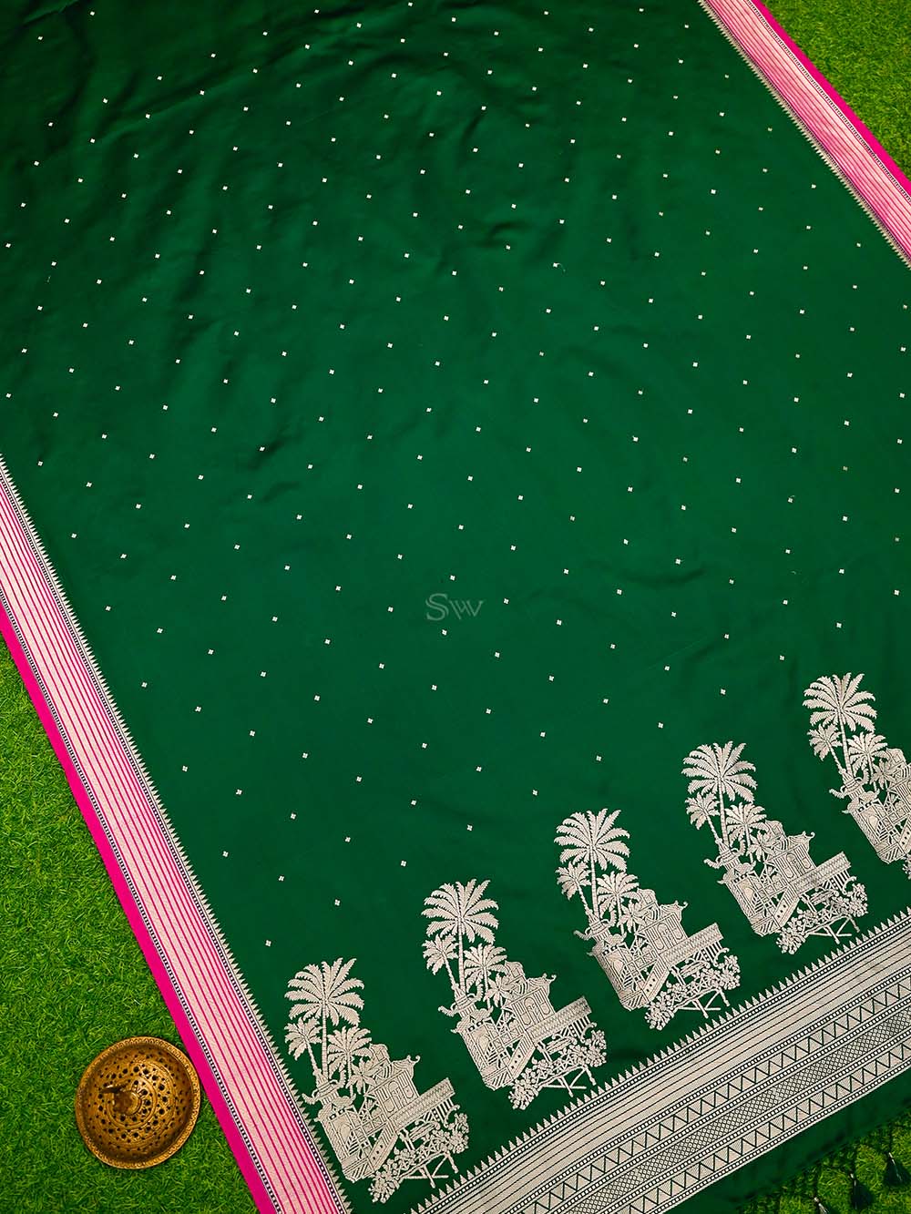 Bottle Green Booti Satin Silk Handloom Banarasi Saree - Sacred Weaves