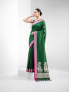 Bottle Green Booti Satin Silk Handloom Banarasi Saree - Sacred Weaves