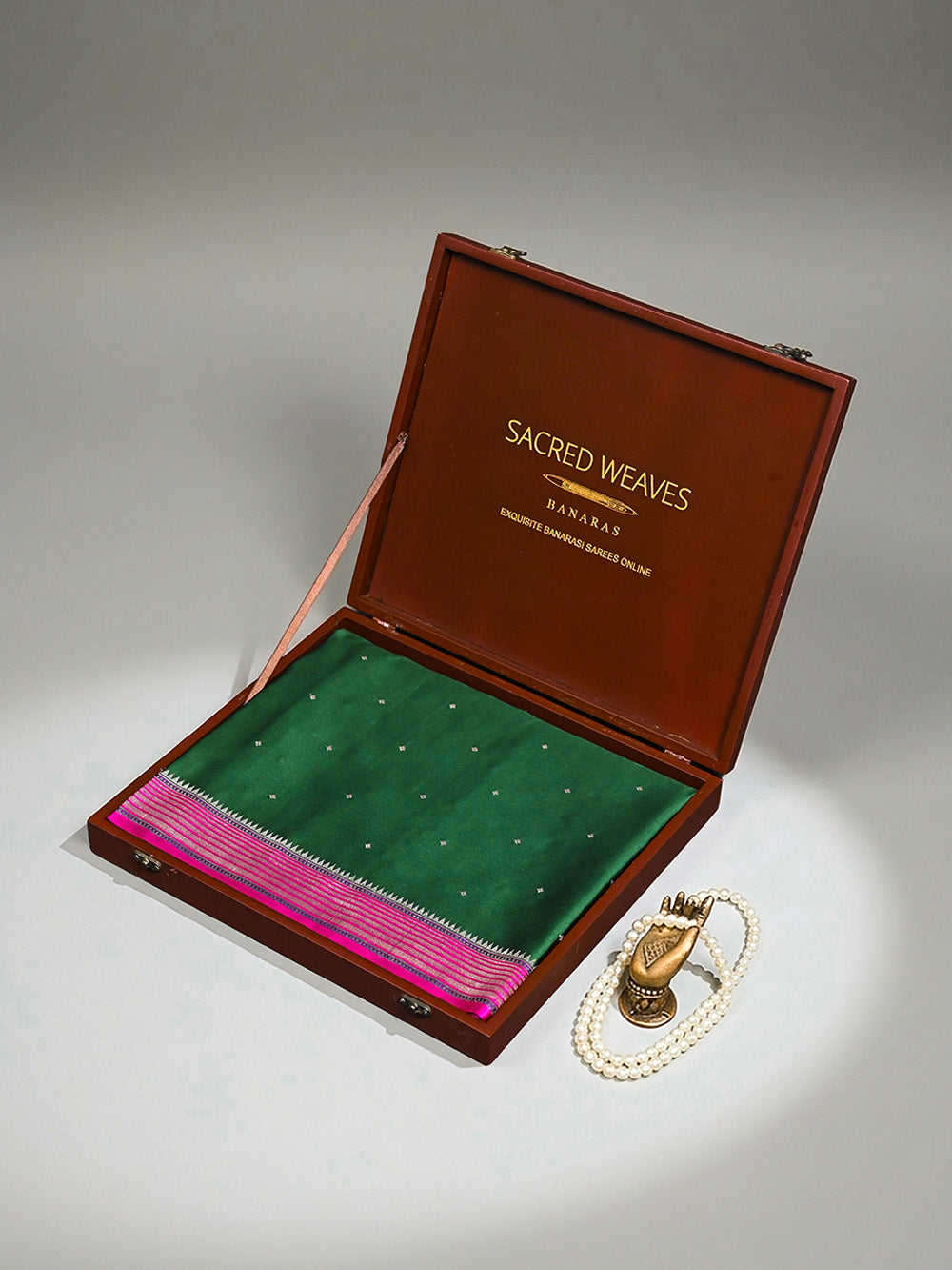 Bottle Green Booti Satin Silk Handloom Banarasi Saree - Sacred Weaves