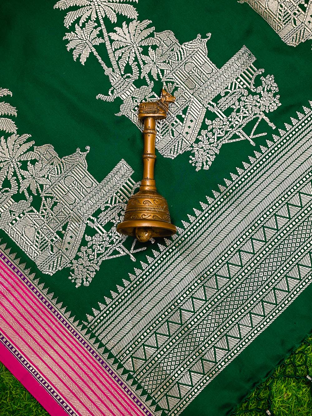 Bottle Green Booti Satin Silk Handloom Banarasi Saree - Sacred Weaves