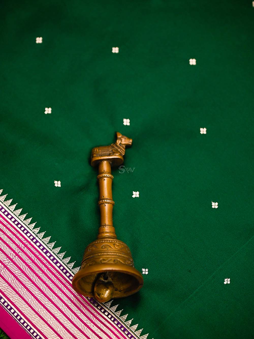 Bottle Green Booti Satin Silk Handloom Banarasi Saree - Sacred Weaves