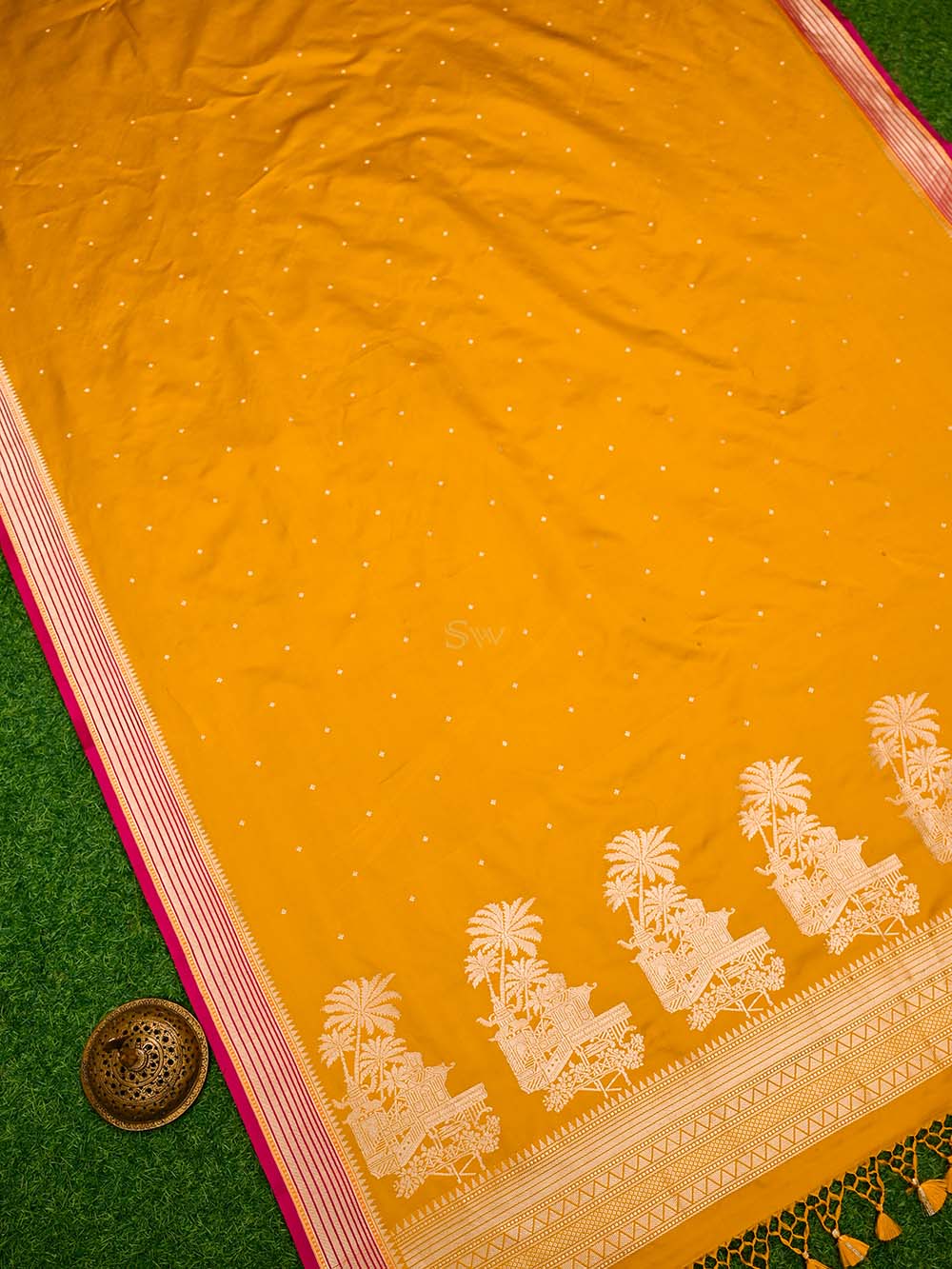 Mustard Booti Satin Silk Handloom Banarasi Saree - Sacred Weaves