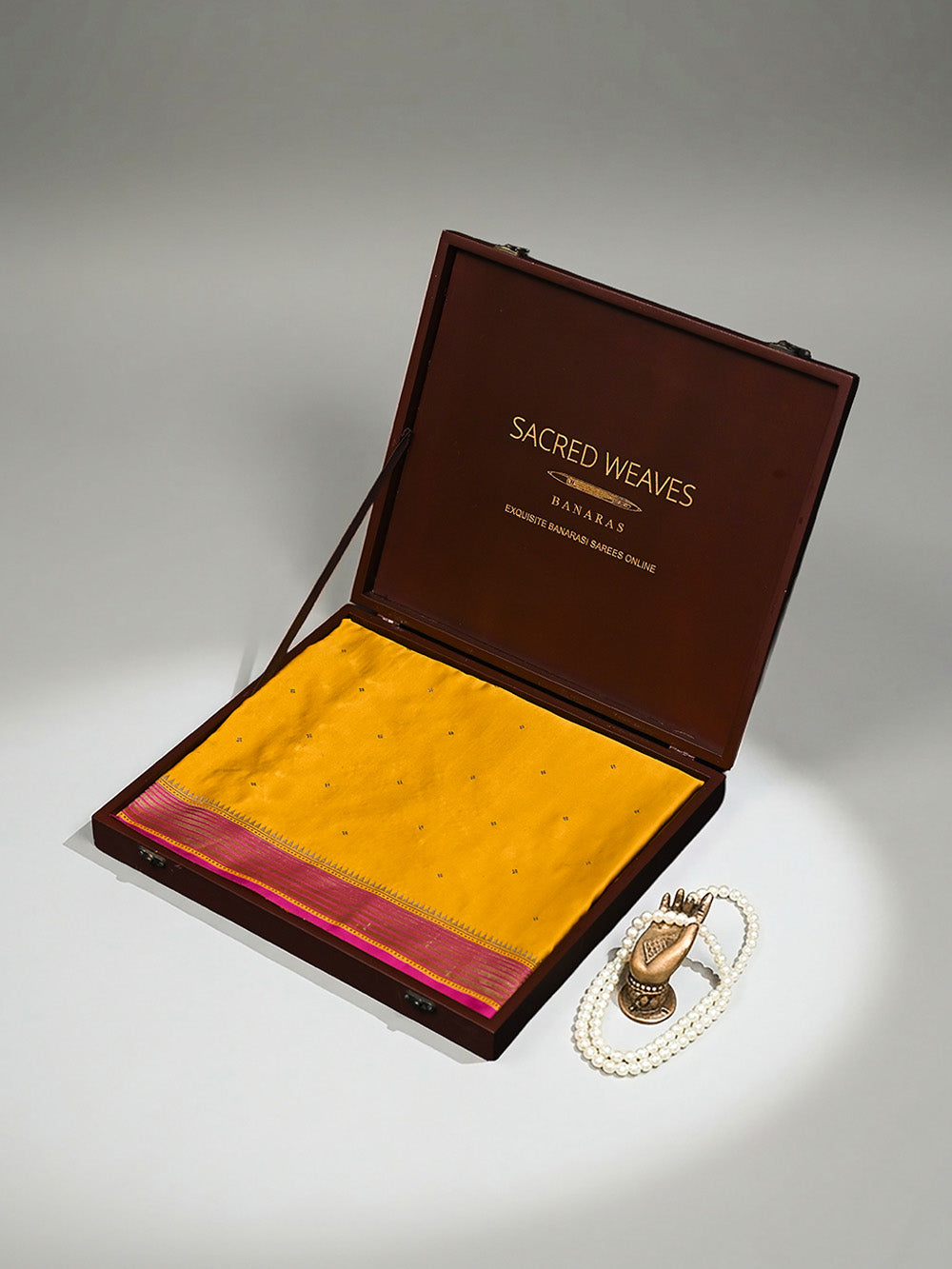 Mustard Booti Satin Silk Handloom Banarasi Saree - Sacred Weaves