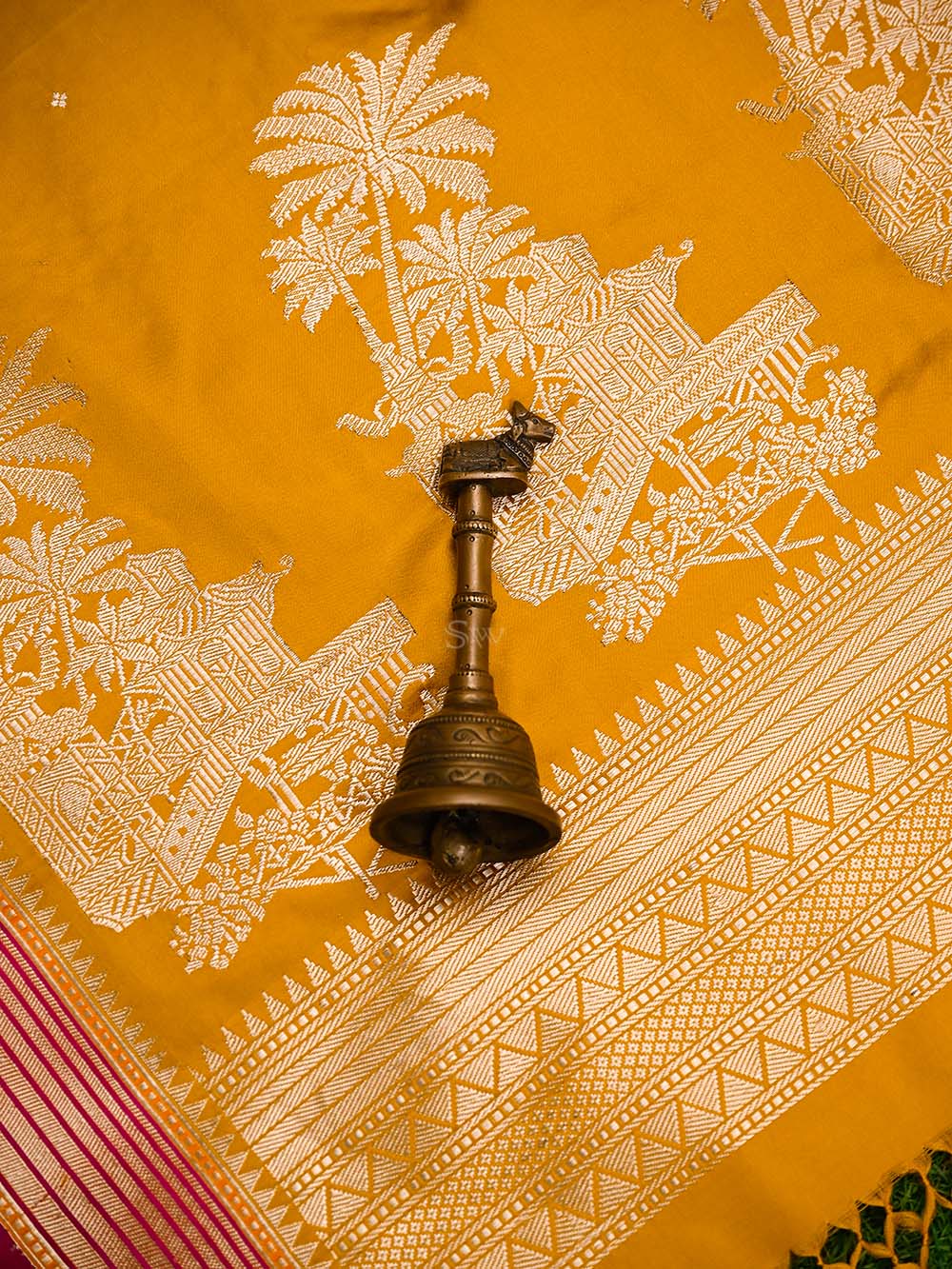 Mustard Booti Satin Silk Handloom Banarasi Saree - Sacred Weaves