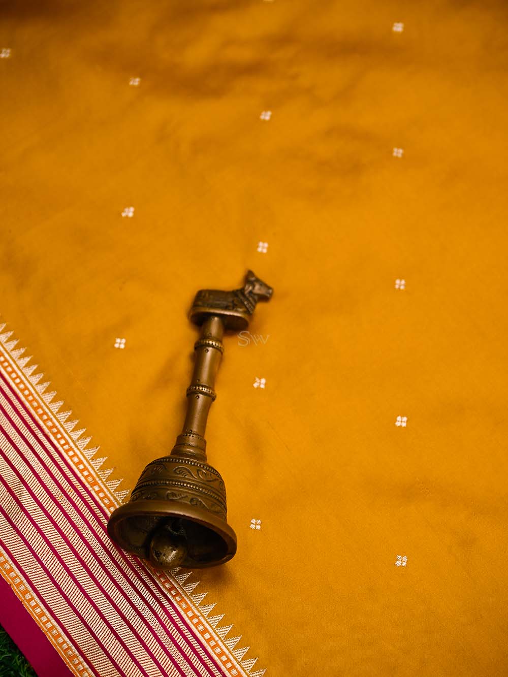 Mustard Booti Satin Silk Handloom Banarasi Saree - Sacred Weaves