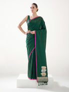Bottle Green Plain Satin Silk Handloom Banarasi Saree - Sacred Weaves