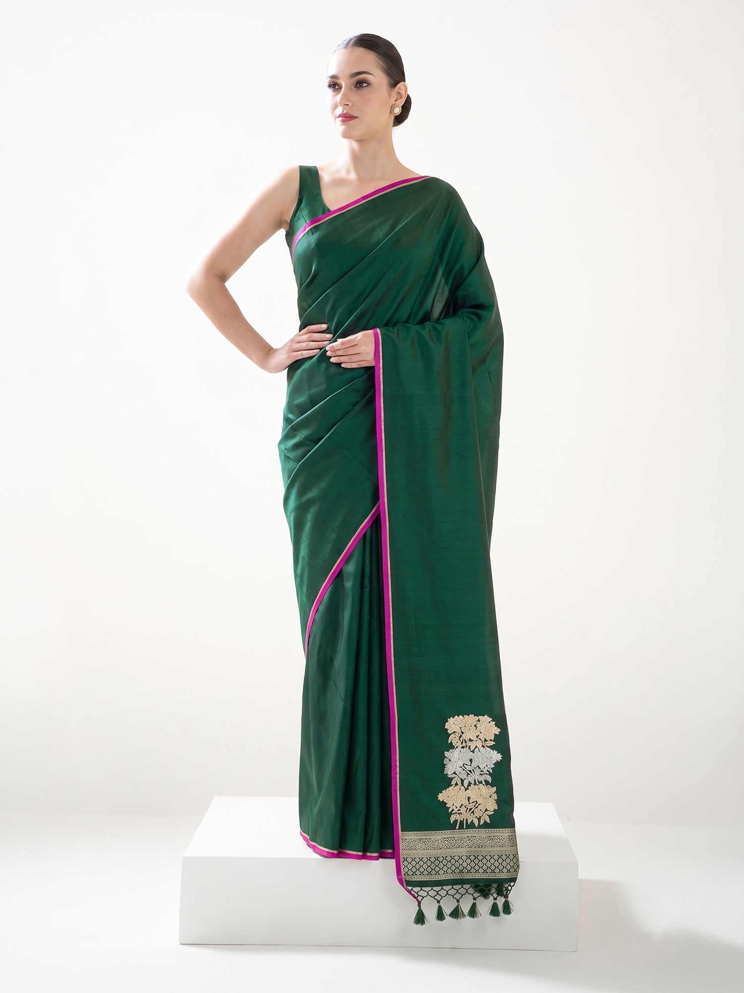 Bottle Green Plain Satin Silk Handloom Banarasi Saree - Sacred Weaves