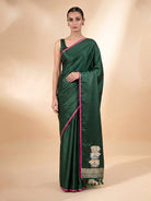 Bottle Green Plain Satin Silk Handloom Banarasi Saree - Sacred Weaves
