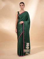Bottle Green Plain Satin Silk Handloom Banarasi Saree - Sacred Weaves