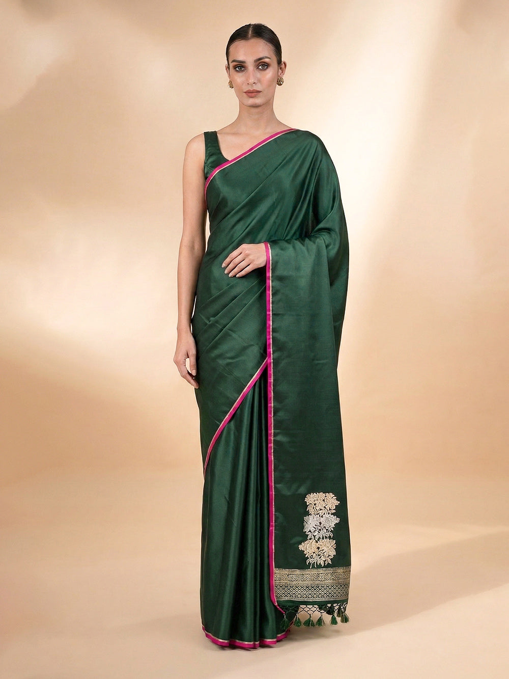 Bottle Green Plain Satin Silk Handloom Banarasi Saree - Sacred Weaves