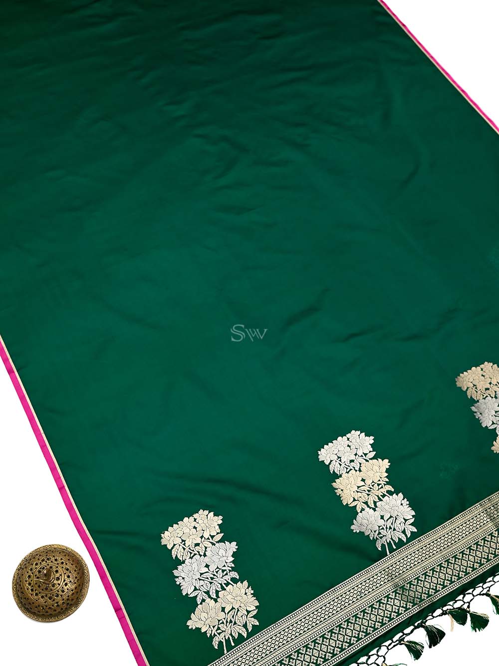 Bottle Green Plain Satin Silk Handloom Banarasi Saree - Sacred Weaves