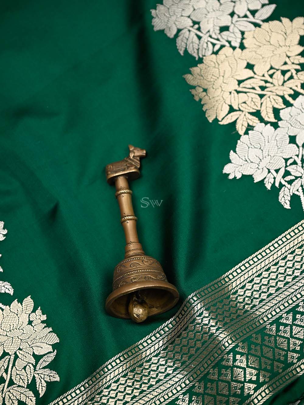 Bottle Green Plain Satin Silk Handloom Banarasi Saree - Sacred Weaves