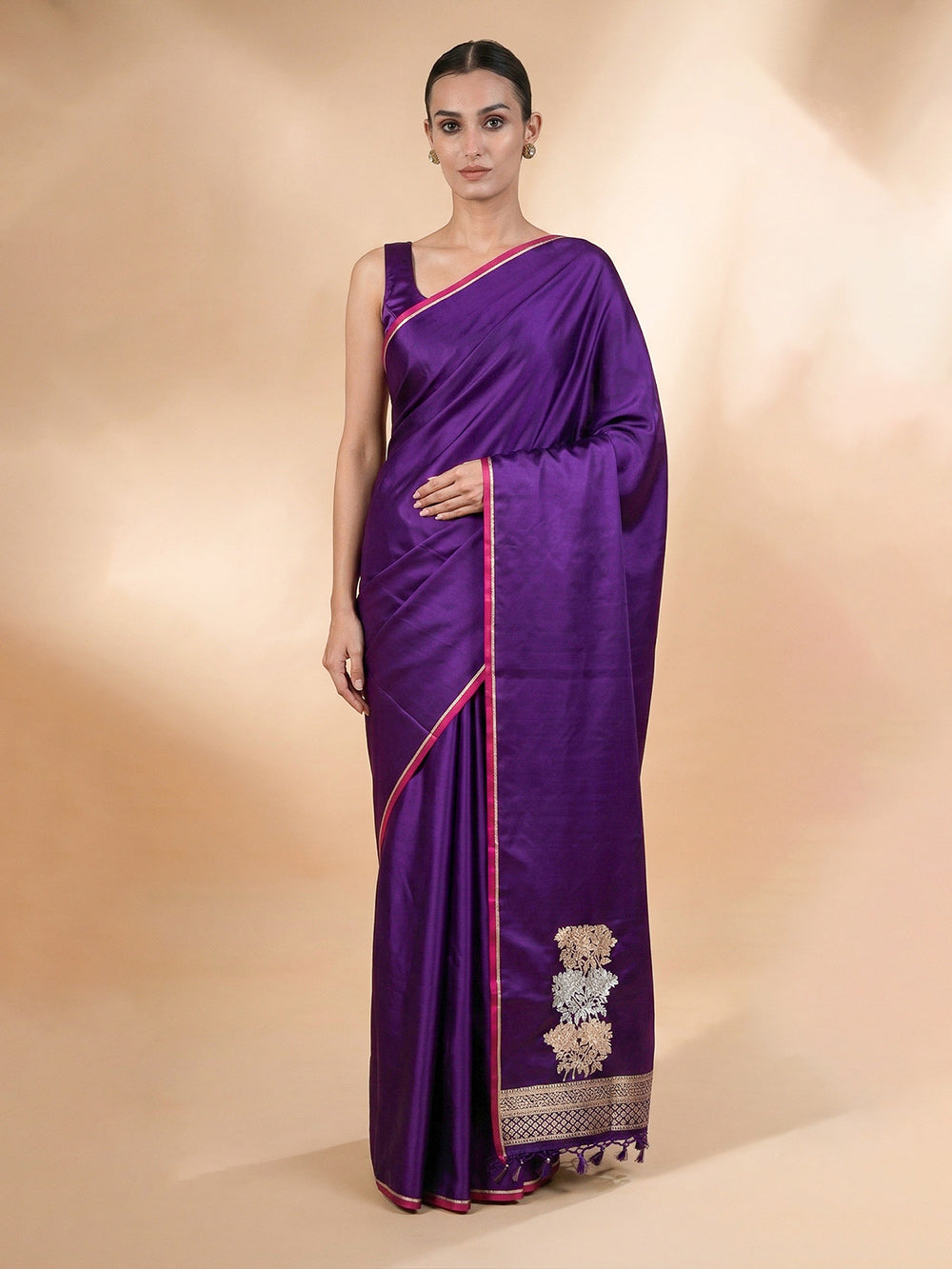 Purple Plain Satin Silk Handloom Banarasi Saree - Sacred Weaves
