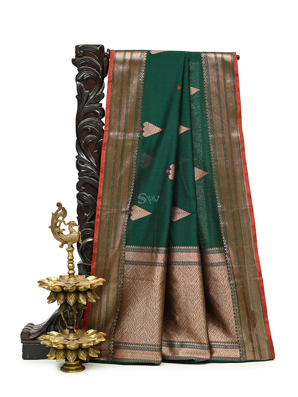 Bottle Green Booti Chanderi Silk Handloom Banarasi Saree