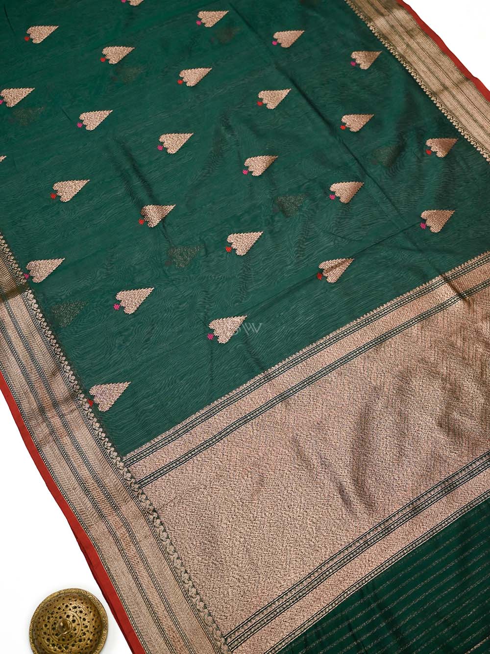 Bottle Green Booti Chanderi Silk Handloom Banarasi Saree