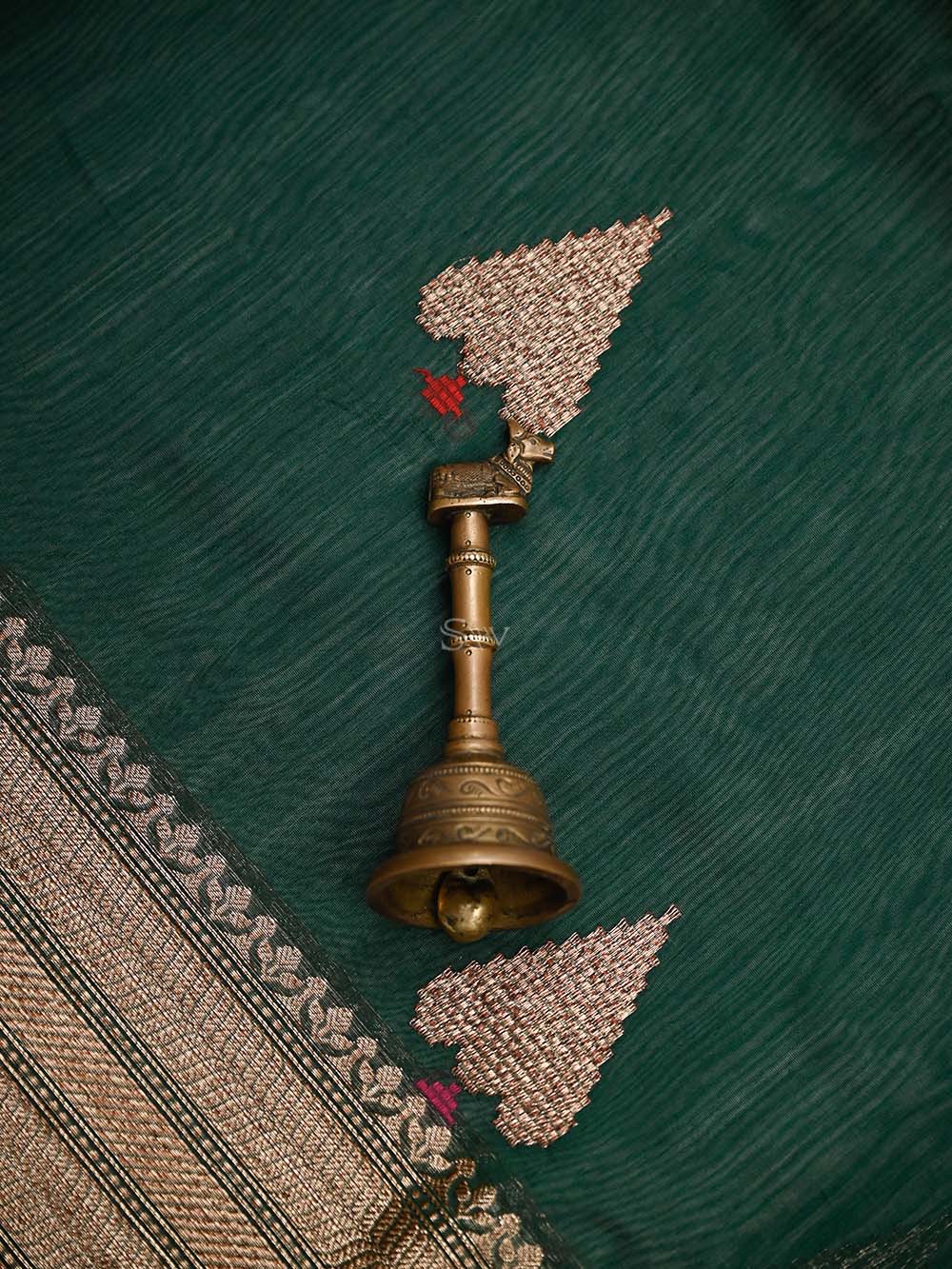 Bottle Green Booti Chanderi Silk Handloom Banarasi Saree
