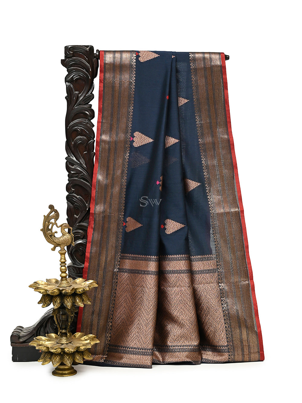 Navy Blue Booti Chanderi Silk Handloom Banarasi Saree
