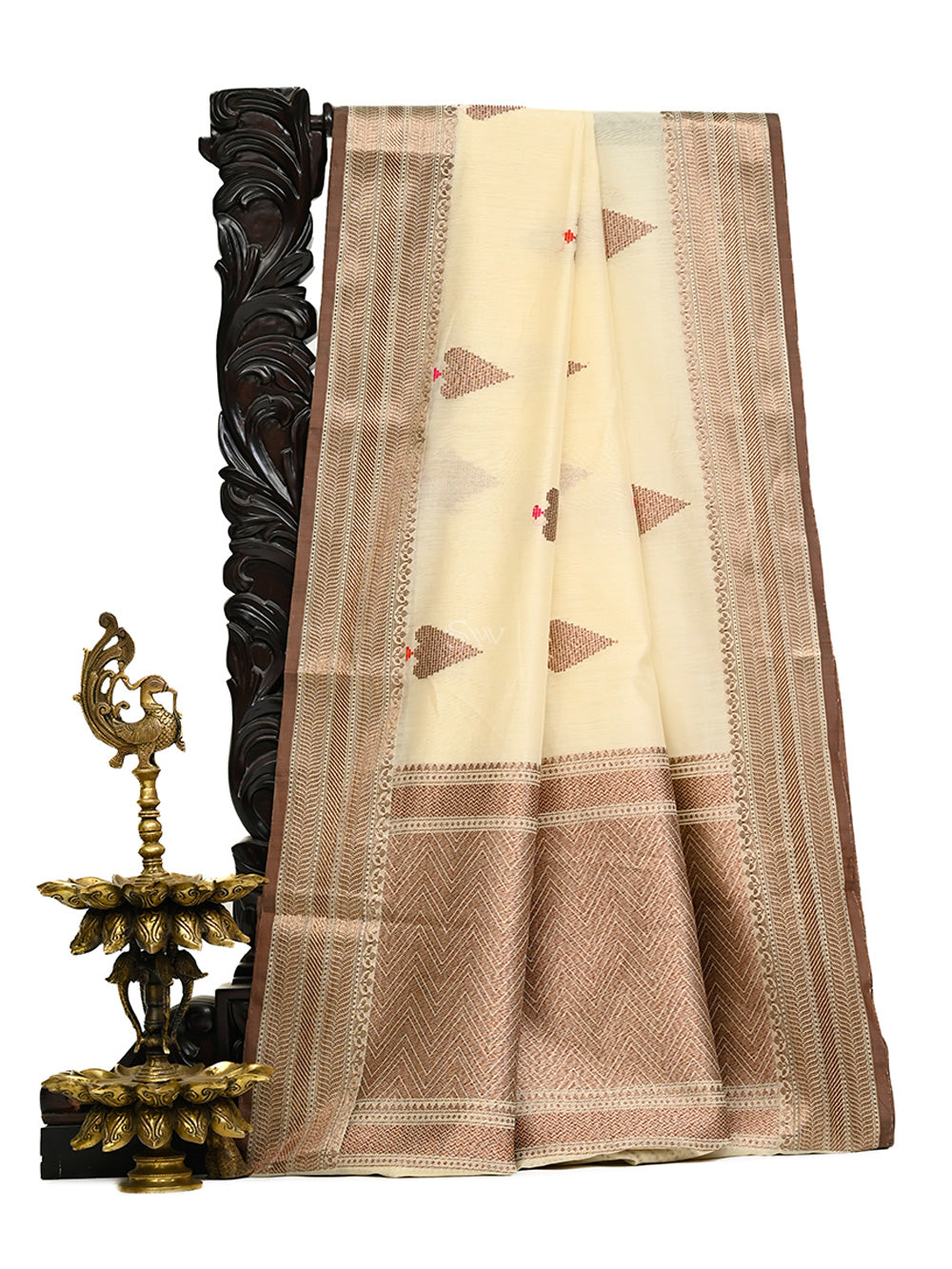 Cream Booti Chanderi Silk Handloom Banarasi Saree - Sacred Weaves