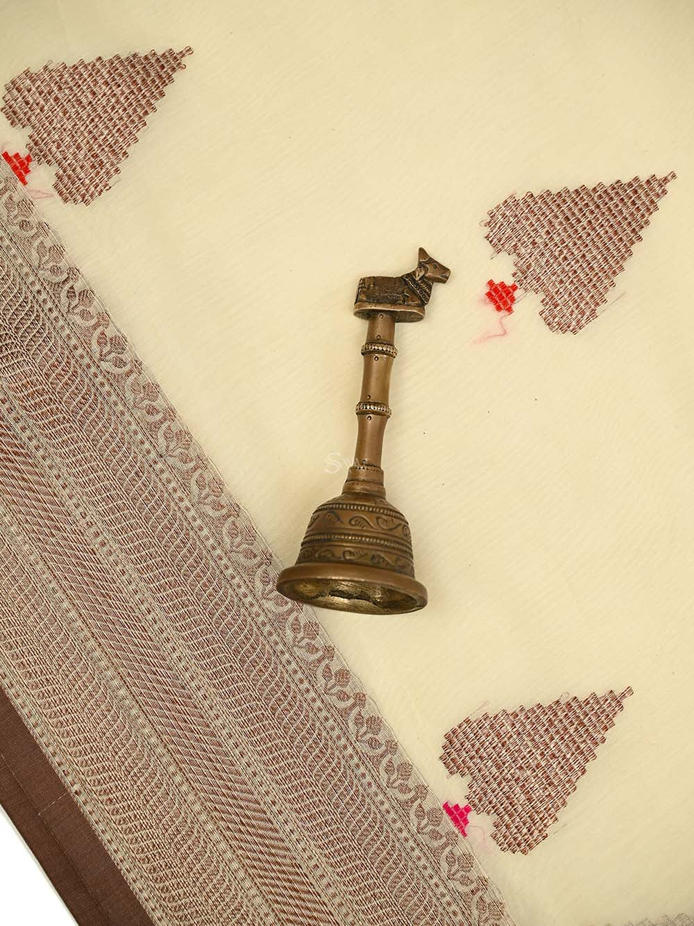 Cream Booti Chanderi Silk Handloom Banarasi Saree - Sacred Weaves