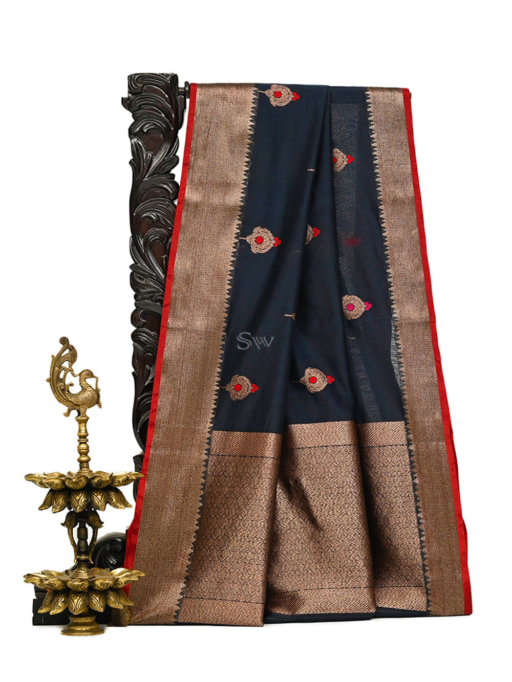 Navy Blue Booti Chanderi Silk Handloom Banarasi Saree - Sacred Weaves